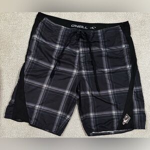 O'Neill Men's Black and Gray Plaid Board Shorts Size 38